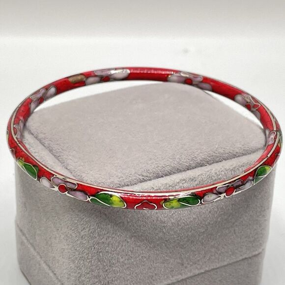 Vintage Cloisonne Enamel Floral Bangle Bracelet 7.5" Red Pink Green Metal - Picture 3 of 6